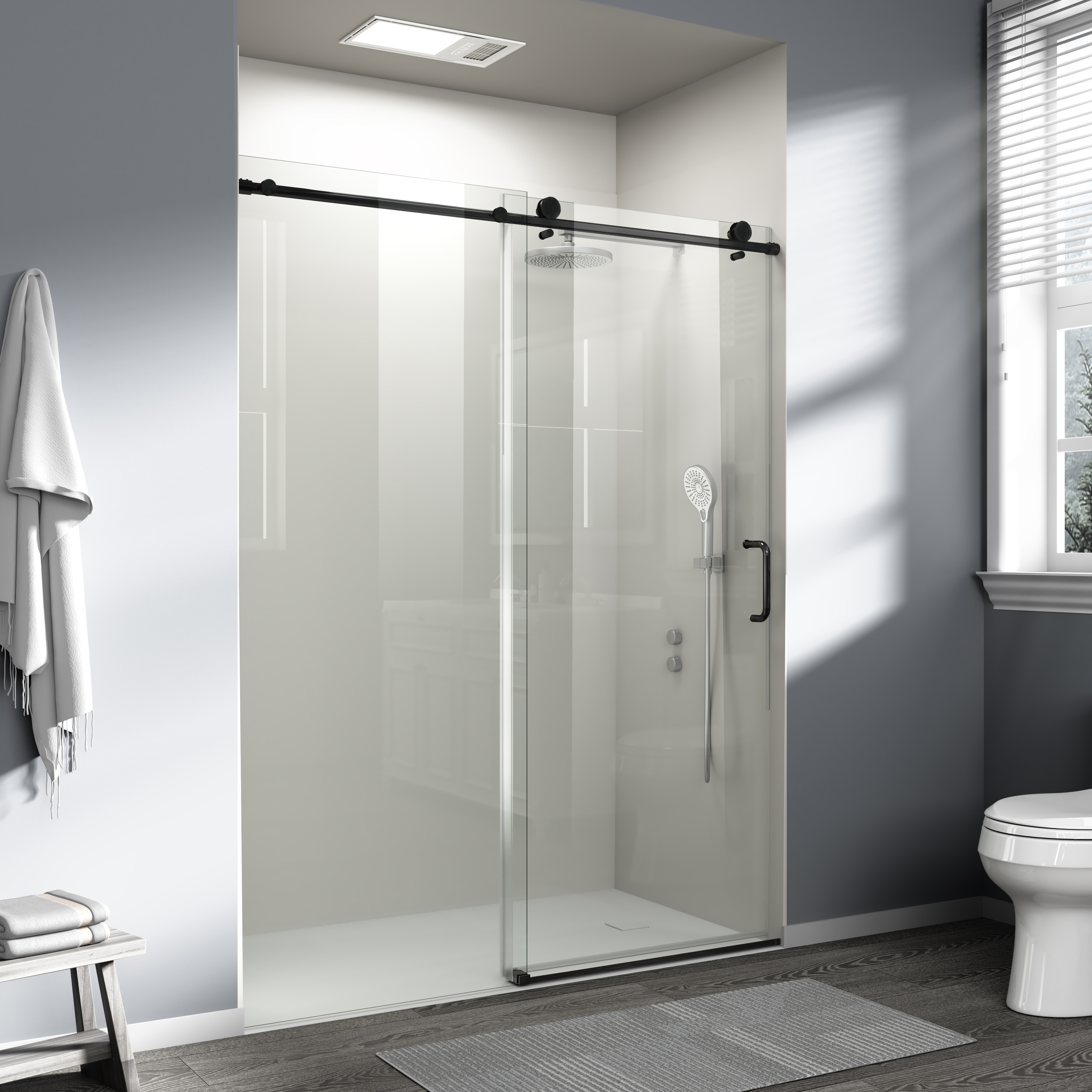 Frameless Sliding Shower Door 60 Inch Matte Black For Bathroom_voghion.com